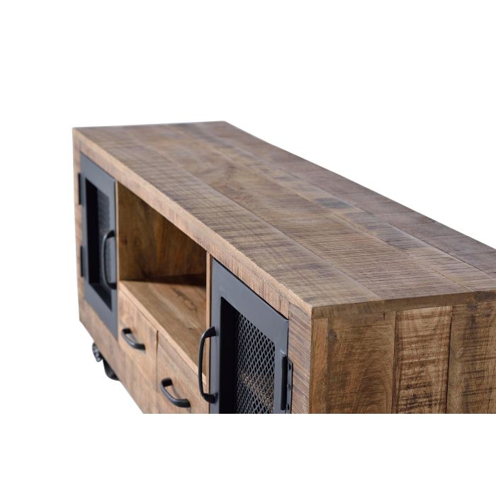 GINER Y COLOMER Meuble TV industriel en bois de manguier et métal, couleur naturel - 150 x 60 x 38 cm, structure en bois massif avec portes métal, finition artisanale 3