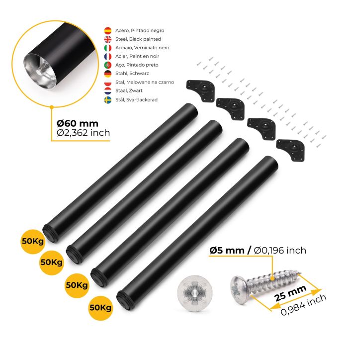 Emuca Lot de 4 pieds de table, diamètre 60mm, H 830mm, Acier, Peint en noir 9