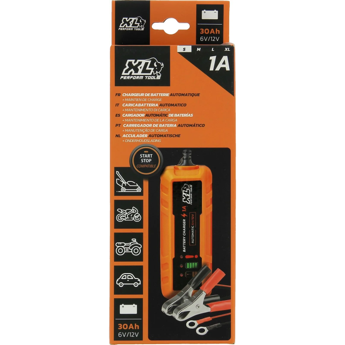 Xl Perform Tools XLPT - Chargeur de batterie 12V/6V, 1A 20W intelligent, câble 3m détachable avec pinces crocodile et cosses à œillet - Protection IP65