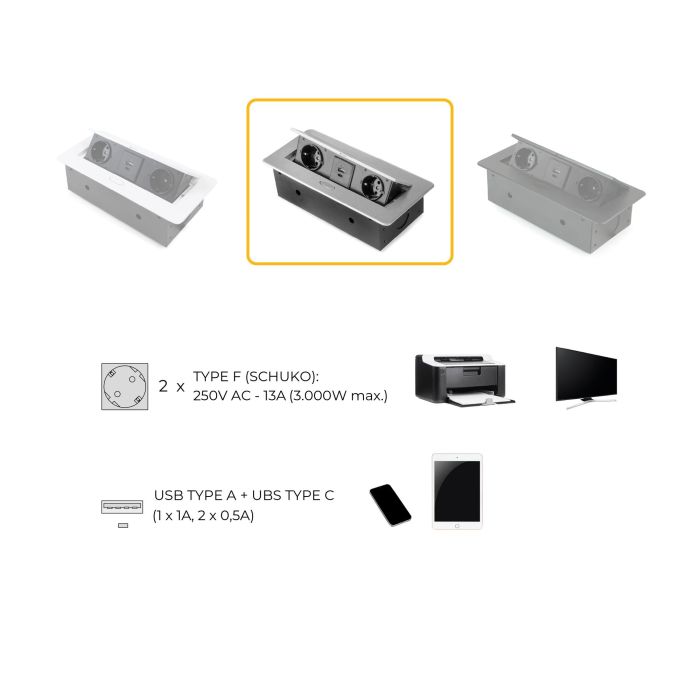 Emuca Multiconnecteur Atom 26 Lite pour bureau, 225x111mm, Peint en aluminium, Zamak et Acier et Plastique. 6