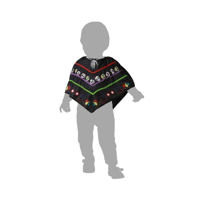 Déguisement Poncho Bébé avec Crânes Colorés - Taille 24 Mois, Noir, Polyester, Unisexe, Thème Halloween et Jour des Morts