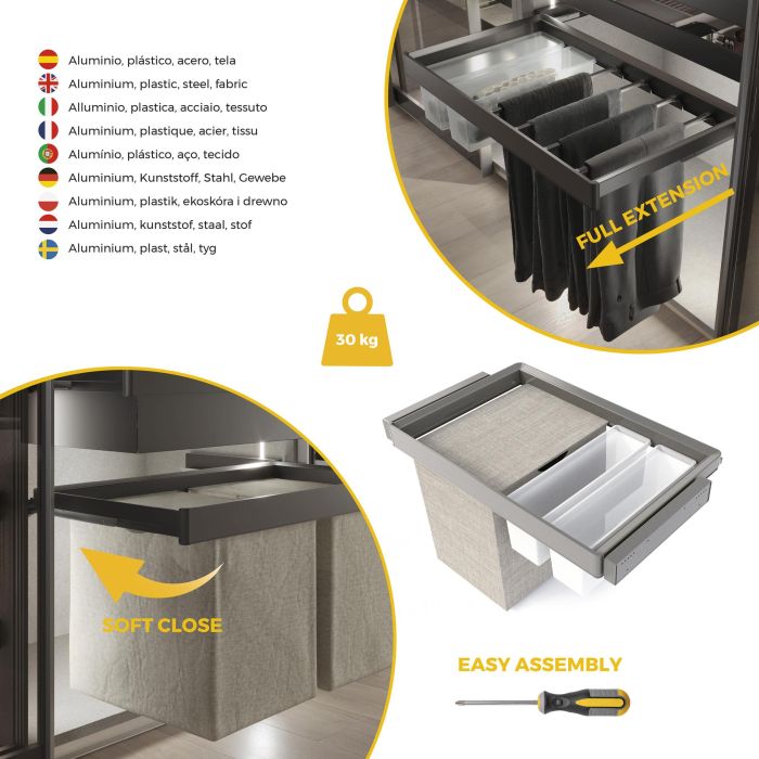 Emuca Kit 2 plateaus auxiliaires, 1 panier et rack ajustable Quartz pour armoires, glissières extension totale et à fermeture douce, Module 80cm, Finition Titane 6