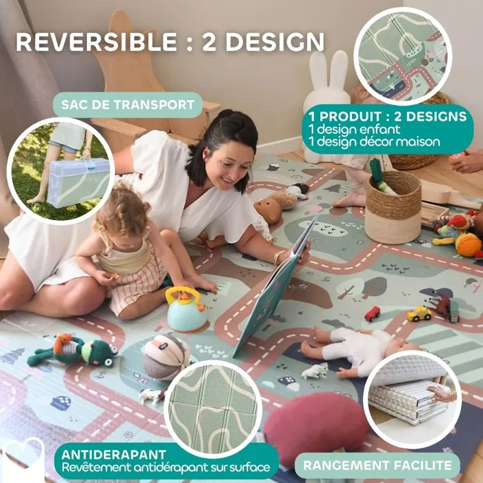 BEABA Tapis de motricité Play Life Landform XXL 200 x 150 cm - Mousse haute densité, imperméable, 2 faces - Pour l'éveil moteur et les jeux de bébé