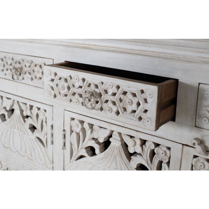 Buffet GINER Y COLOMER en bois de manguier, 4 portes et 4 tiroirs, couleur blanc vieilli - 180x40x90 cm Buffet GINER Y COLOMER en bois de manguier, 4 portes et 4 tiroirs, couleur blanc vieilli - 180x40x90 cm