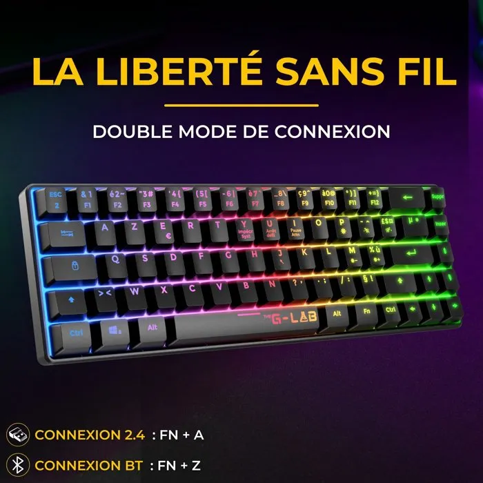 The G-Lab KEYZ HYDROGEN - Clavier gamer sans fil 60% AZERTY à membrane, rétroéclairage RGB, compact et performant, pour PC et console, couleur noir