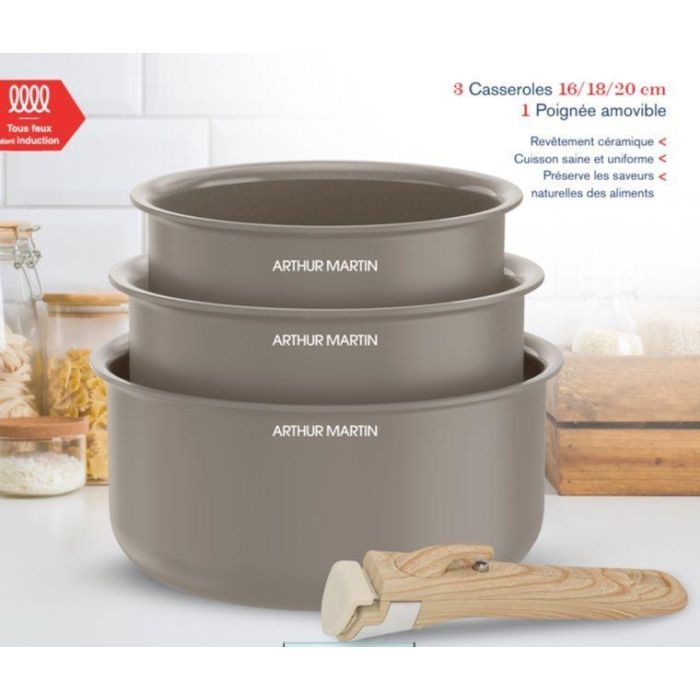 Set de 3 casseroles - Tous feux dont induction - ARTHUR MARTIN - AM1122 - Céramique - Ø 16-18-20 cm + poignée amovible - Taupe 3 Set de 3 casseroles - Tous feux dont induction - ARTHUR MARTIN - AM1122 - Céramique - Ø 16-18-20 cm + poignée amovible - Taupe 3