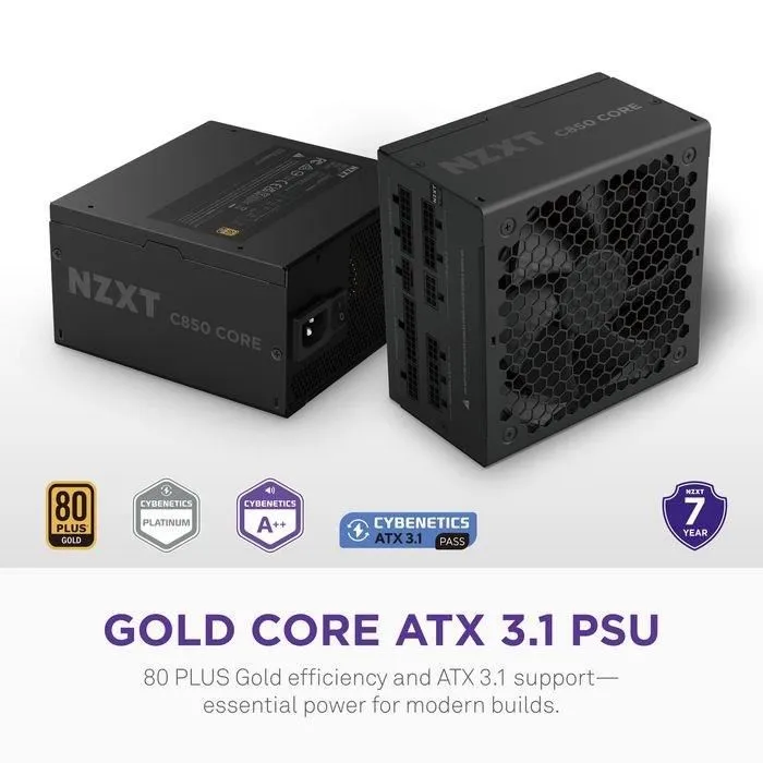 NZXT C850 Gold Core PA-8G3BB-EU - Alimentation PC ATX 3.1 850W - 80 PLUS Gold - Full modulaire - PCIe 5.1 - Ventilateur 0?RPM - Condensateurs 105°C - Noir