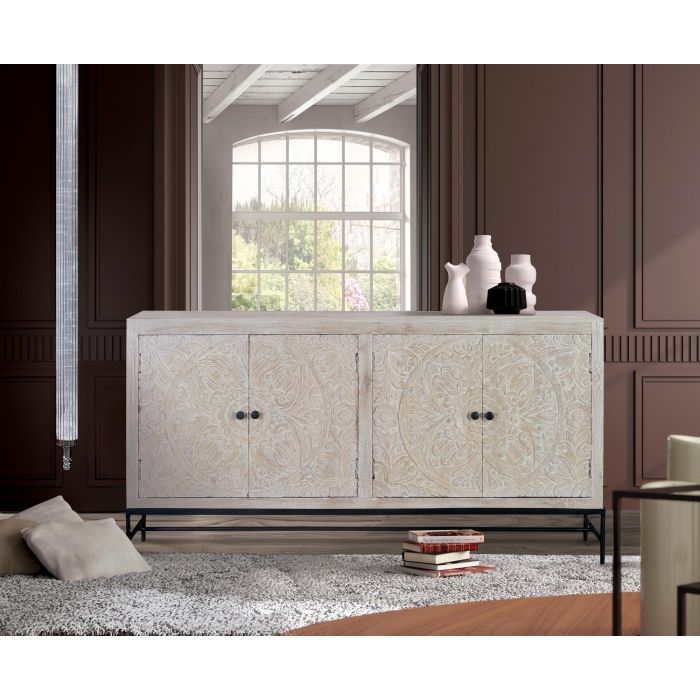 Giner y Colomer Buffet 4 portes en bois de manguier blanc vieilli avec intérieur à étagères, détails sculptés main - 158x38x85 cm environ 6 Giner y Colomer Buffet 4 portes en bois de manguier blanc vieilli avec intérieur à étagères, détails sculptés main - 158x38x85 cm environ 6