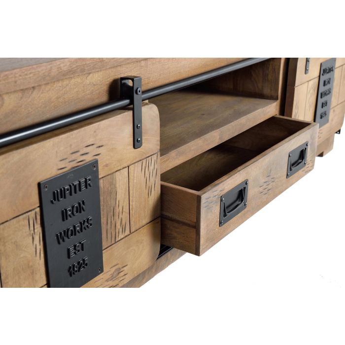 GINER Y COLOMER - Meuble TV en bois d'acacia avec 2 portes coulissantes et 1 tiroir, style industriel, détails métal, finition naturelle 4