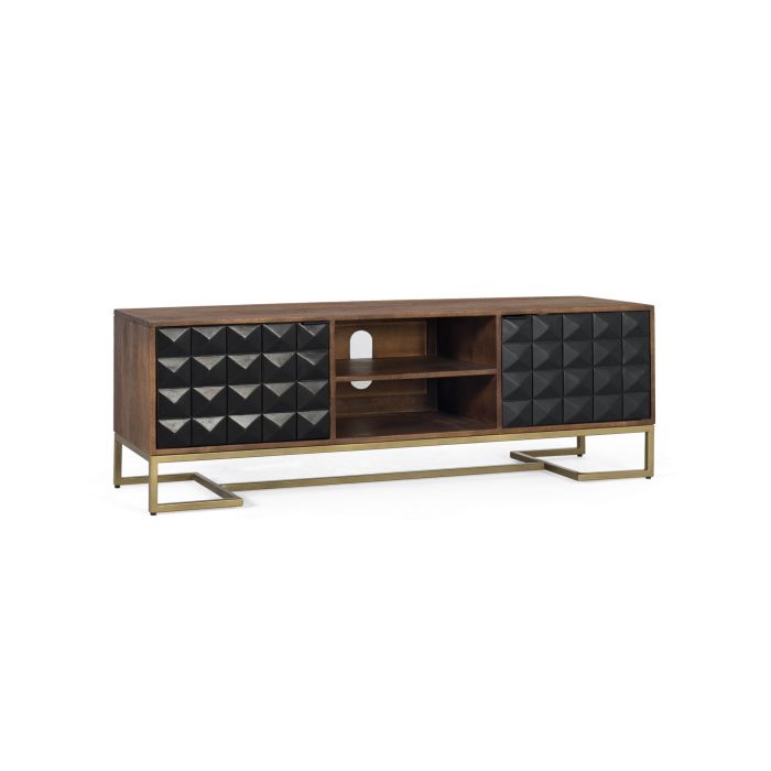 GINER Y COLOMER - Buffet TV en bois de manguier et fer doré, finition noisette et noir, portes avec motif géométrique, dimensions 150 cm 1