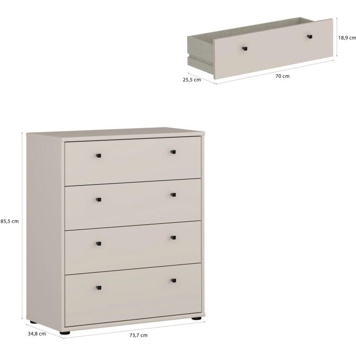 TEMPRA Commode 4 tiroirs - Couleur Sable - Design sobre - L 73,7 x P 34,8 x H 85,5 cm - Organisation chambre salon TEMPRA Commode 4 tiroirs - Couleur Sable - Design sobre - L 73,7 x P 34,8 x H 85,5 cm - Organisation chambre salon