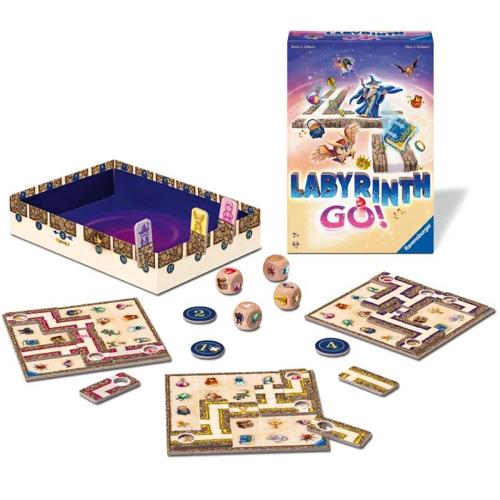 Ravensburger 24699 Jeu de société - Labyrinth GO! Pour 1 à 4 joueurs, jeu de labyrinthe avec déplacement de tuiles et trésors à collecter