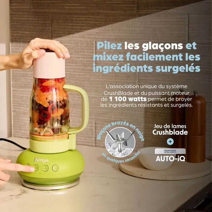 Ninja BlendBoss DB351EUST Blender Mélangeur 1200 W, 3 Programmes Auto-IQ, Gobelet Mix-and-Go 760 ml Sans BPA, Minéral, Avec Lames CrushBlade