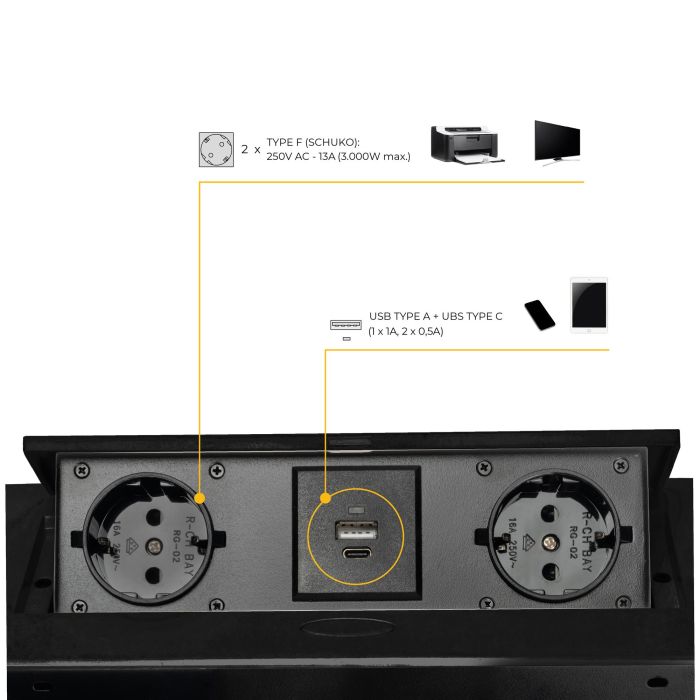 Emuca Multiconnecteur Atom 26 Lite pour bureau, 225x111mm, Peint en noir, Zamak et Acier et Plastique. 4