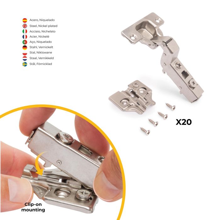 Emuca Lot de 20 charnières super coudées X91 à fermeture amortie avec embases à visser, Hauteur 0, Acier, Nickelé 2 Emuca Lot de 20 charnières super coudées X91 à fermeture amortie avec embases à visser, Hauteur 0, Acier, Nickelé 2