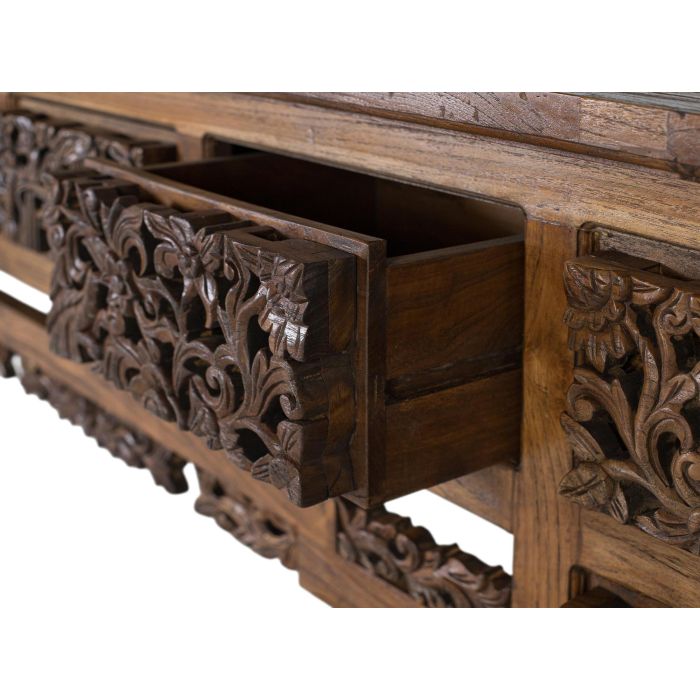 GINER Y COLOMER Console en bois de teca massif style balinais avec 5 tiroirs et pieds sculptés main - 220x40x91 cm 3 GINER Y COLOMER Console en bois de teca massif style balinais avec 5 tiroirs et pieds sculptés main - 220x40x91 cm 3