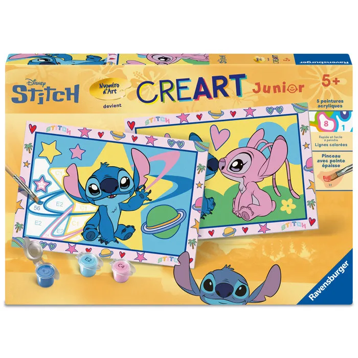 Ravensburger CreArt Junior - Peinture par numéros Stitch - Kit artistique avec 2 tableaux, peintures et pinceau - À partir de 5 ans - Réf. 12023214 Ravensburger CreArt Junior - Peinture par numéros Stitch - Kit artistique avec 2 tableaux, peintures et pinceau - À partir de 5 ans - Réf. 12023214