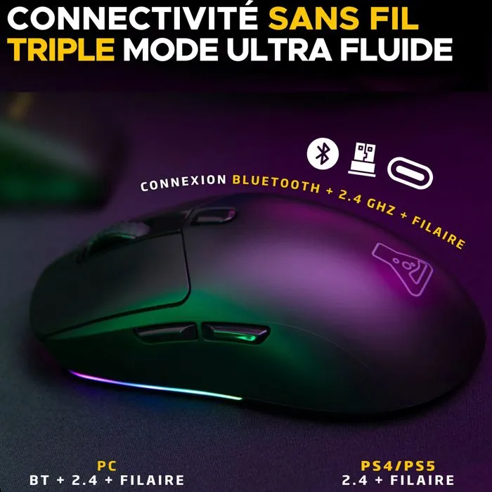 The G-Lab Kult Titan Pro - Souris gamer sans fil et filaire - Capteur 12000 DPI - RGB - Connexion 2.4 GHz/Bluetooth/USB - Pour PC et PS4 - Noire