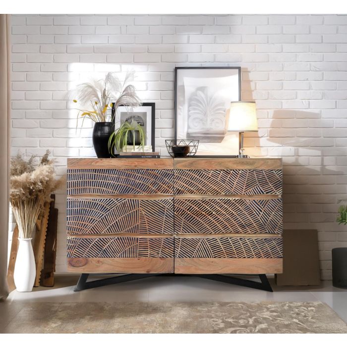 GINER Y COLOMER Commode 6 tiroirs en acacia avec pattes en métal, finition naturelle et décor sculpté main, L125 x P40 x H86 cm 7 GINER Y COLOMER Commode 6 tiroirs en acacia avec pattes en métal, finition naturelle et décor sculpté main, L125 x P40 x H86 cm 7