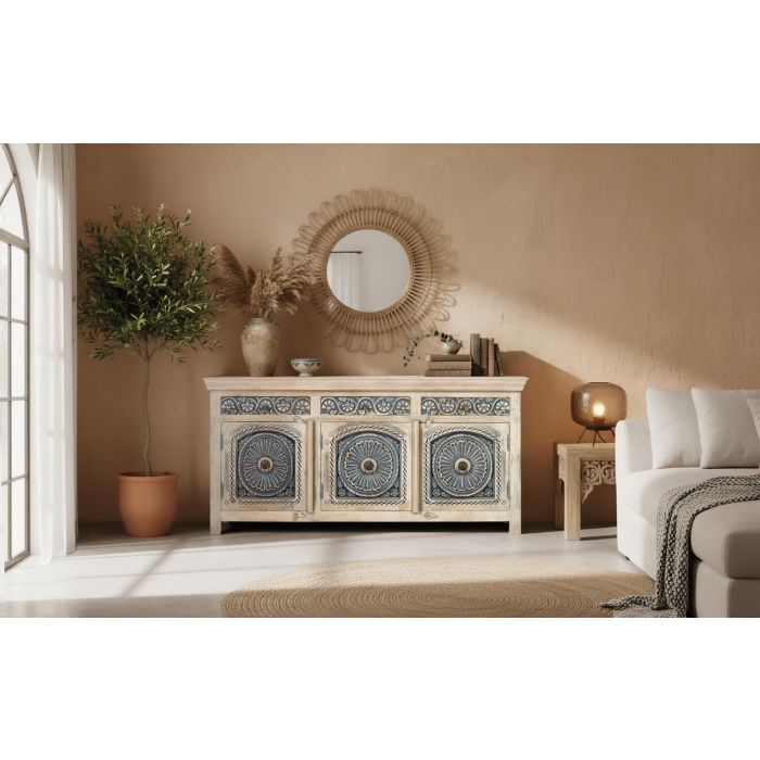 GINER Y COLOMER - Buffet en bois de manguier massif blanc lavé et bleu avec 3 tiroirs et 3 portes - Meuble de rangement artisanal 7 GINER Y COLOMER - Buffet en bois de manguier massif blanc lavé et bleu avec 3 tiroirs et 3 portes - Meuble de rangement artisanal 7