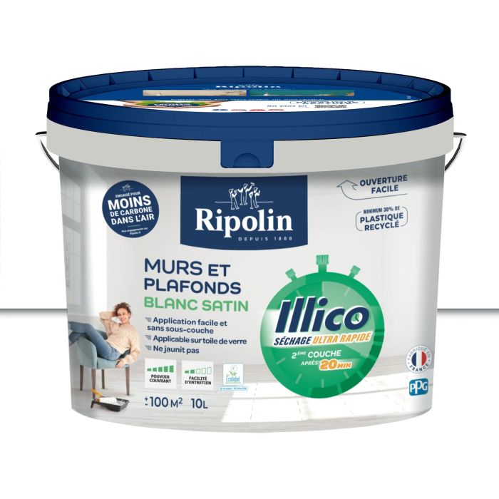Ripolin Peinture pour Murs et Plafonds IlliCo - Blanc Satin - 10 L - Ultra-couvrante, Séchage Rapide - Fabrication Française