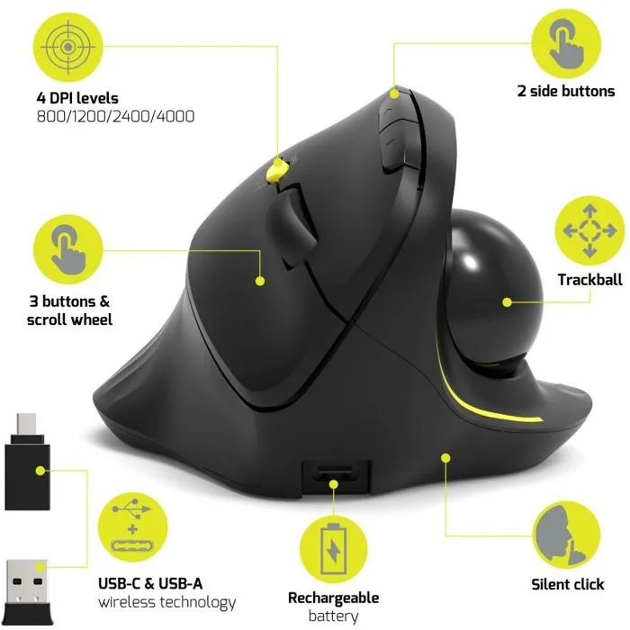 Port Designs 900719 TRACKBALL ERGO Souris ergonomique sans fil trackball Bluetooth et 2.4 GHz, rechargeable, 5 boutons avec molette, noir Port Designs 900719 TRACKBALL ERGO Souris ergonomique sans fil trackball Bluetooth et 2.4 GHz, rechargeable, 5 boutons avec molette, noir