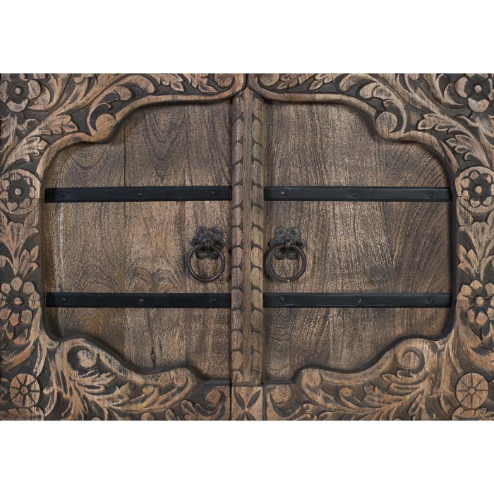 GINER Y COLOMER Buffet 4 portes en bois de manguier massif, fabriqué à la main, portes sculptées motifs floraux avec ferrures et poignées en fer vieilli, couleur marron 4
