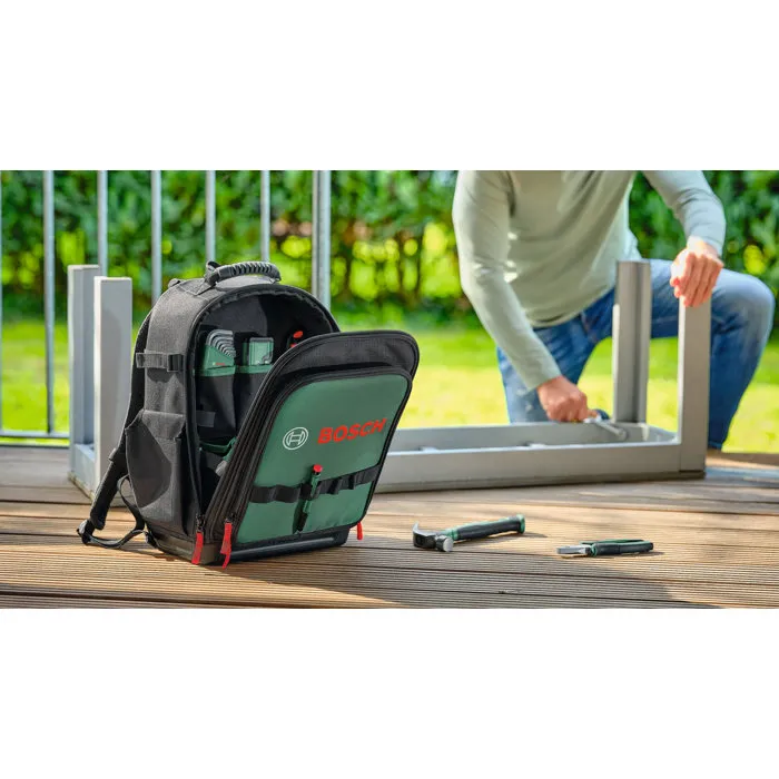 Bosch - Sac à dos à outils 60 pièces complet avec pince, tournevis, marteau, mètre ruban, clés et niveau - Set de bricolage durable et ergonomique