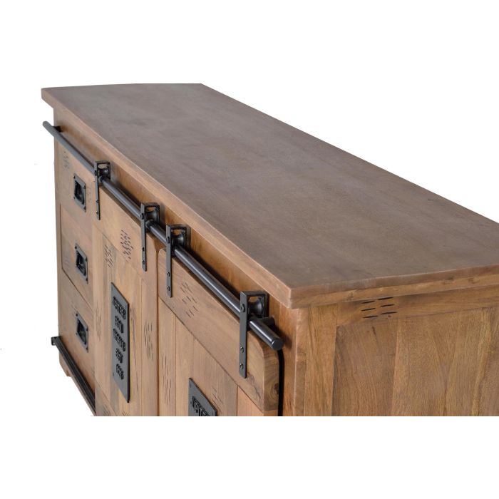 GINER Y COLOMER Buffet de style industriel en bois massif d'acacia et métal, 2 portes coulissantes, 2 tiroirs, couleur naturel, 80 x 165 x 45 cm 4