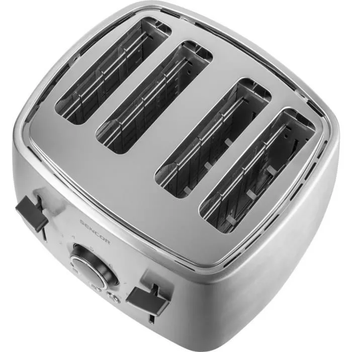 Sencor STS 5070SS - Grille-pain 4 fentes en acier inoxydable - Puissance 1600W - Décongélation, Réchauffage - Minuterie électronique 9 niveaux - Plateau ramasse-miettes - Noir