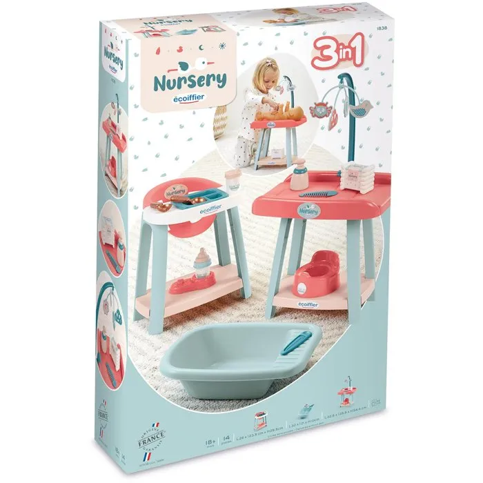 Ecoiffier Ensemble Nursery 3-en-1 avec Landau à Capote Réglable - Jouet d'Imitation pour Enfants dès 18 Mois - Fabriqué en France