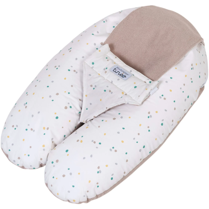Tineo MultiRelax - Coussin de maternité, allaitement et transat bébé 3-en-1 - Réversible et déhoussable - Tissu éponge - Motifs Noisette et Pois