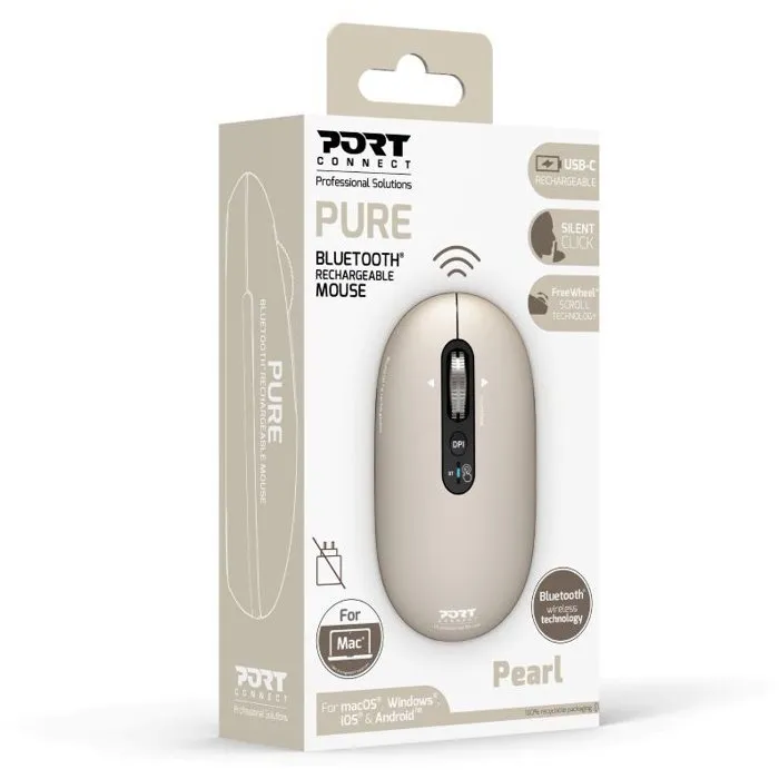 Port Designs Souris sans fil PURE COLOR 910500 pour Mac Bluetooth rechargeable USB-C, ambidextre, jusqu'à 3200 DPI, beige clair
