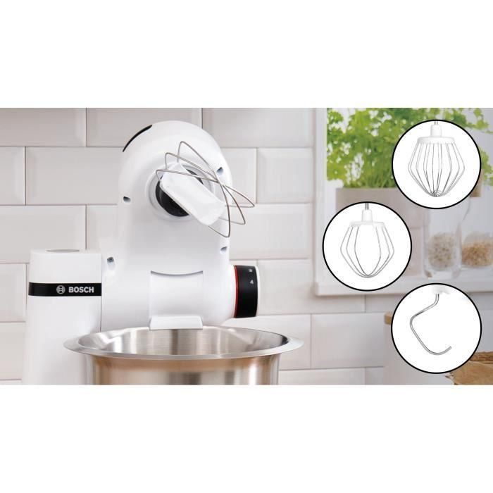Bosch MUMS2EW00E Robot pâtissier Multiusage - Série 2 - 700 W - Bol inox 3,8 L - 4 vitesses - Avec fouets et crochet pétrisseur - Blanc