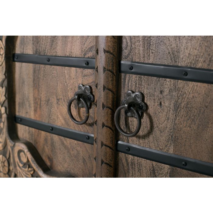 GINER Y COLOMER Buffet 4 portes en bois de manguier massif, fabriqué à la main, portes sculptées motifs floraux avec ferrures et poignées en fer vieilli, couleur marron 5