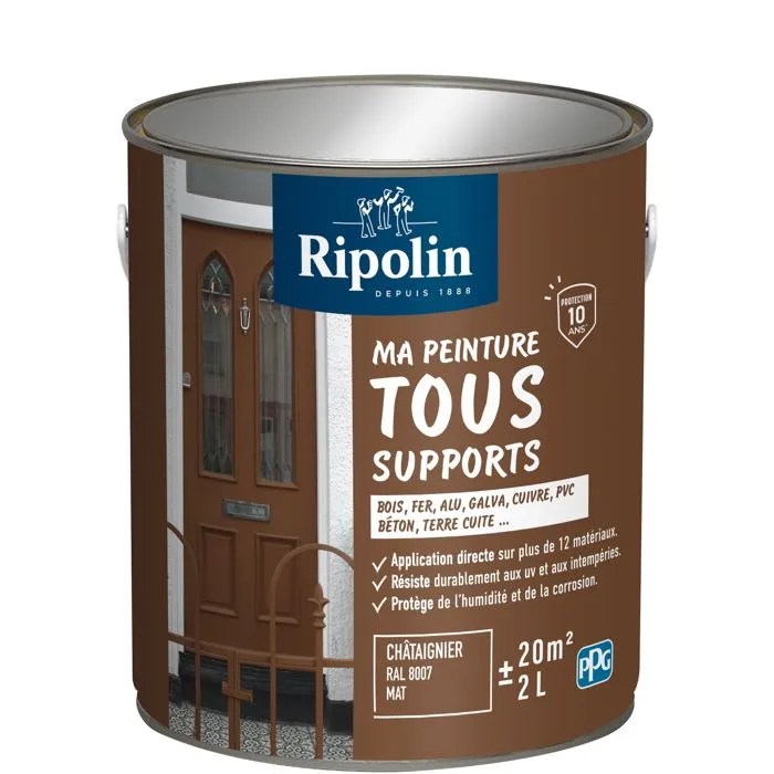 Ripolin - Peinture multi-supports 2 litres - Bois, fer, aluminium, béton, PVC - Mat - Teinte Châtaigner RAL 8007 - Résistante aux intempéries et à l'humidité Ripolin - Peinture multi-supports 2 litres - Bois, fer, aluminium, béton, PVC - Mat - Teinte Châtaigner RAL 8007 - Résistante aux intempéries et à l'humidité
