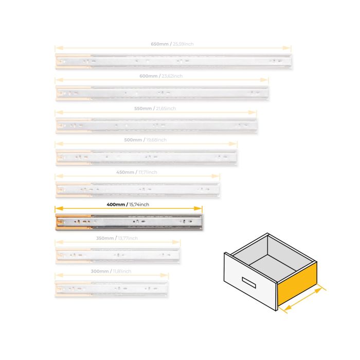 Emuca Lot de 5 jeux de coulisses de tiroirs, roulement à billes, hauteur 45mm, profondeur 400mm, sortie totale, fermeture amortie, Zingué 8
