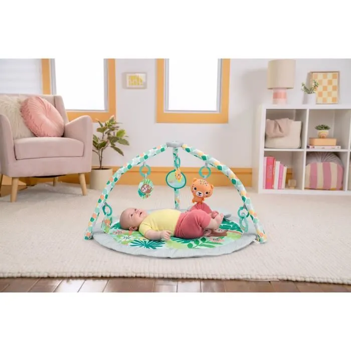 Bright Starts Tapis d'éveil bébé pliable Wild Rainforest avec arche de jouets sensoriels, 7 jouets musicaux et miroir - Sac de transport inclus
