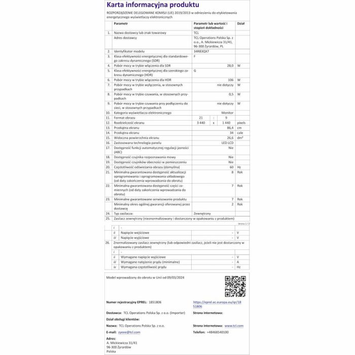 Écran TCL 34R83Q LCD 37" 12