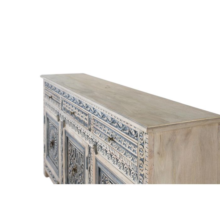 GINER Y COLOMER Buffet blanc et bleu avec 3 tiroirs et 4 portes en bois de manguier massif, finition lavée, artisanat sculpté, dimensions: 50 cm de large 3