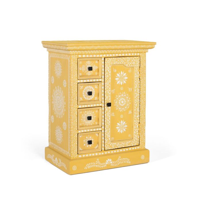 GINER Y COLOMER - Commode en bois de manguier avec porte décorée artisanalement, 4 tiroirs et compartiment de rangement, finition couleur naturel et motifs floraux 2 GINER Y COLOMER - Commode en bois de manguier avec porte décorée artisanalement, 4 tiroirs et compartiment de rangement, finition couleur naturel et motifs floraux 2