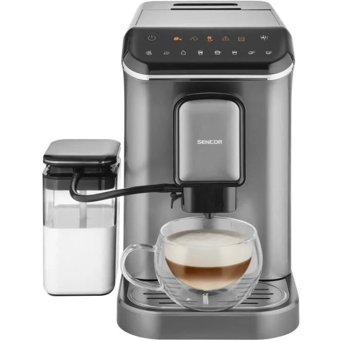 Sencor SES 8000BK Machine à expresso avec moulin, 19 bars, réservoir lait 750 ml, moulin inox 15 niveaux, compacte et élégante