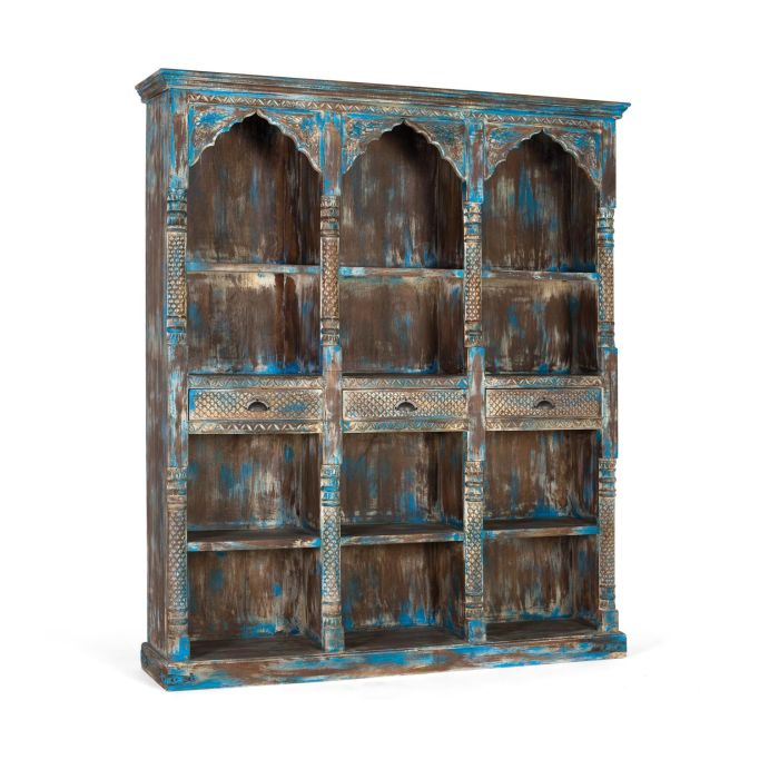GINER Y COLOMER - Buffet Bibliothèque Artisanal en Bois de Mango, Style Exotique, Finition Bleu Patiné, 3 Tiroirs et Étagères, 170 cm de Largeur 1 GINER Y COLOMER - Buffet Bibliothèque Artisanal en Bois de Mango, Style Exotique, Finition Bleu Patiné, 3 Tiroirs et Étagères, 170 cm de Largeur 1