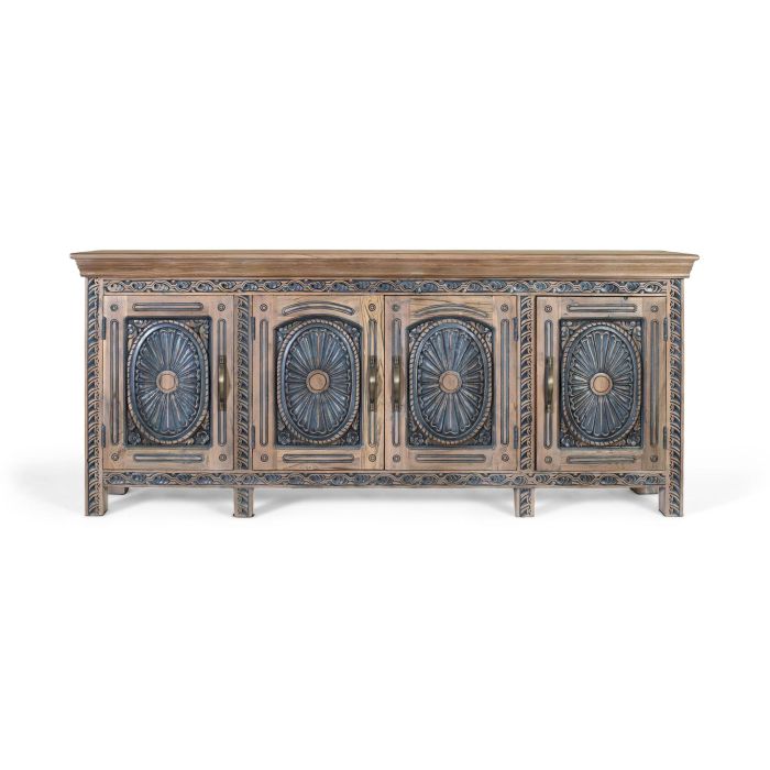 GINER Y COLOMER Aparador Buffet en Bois de Teca Massif Sculpté à la Main, Finition Bicolore Naturel et Bleu Patiné, 95x40 cm 0 GINER Y COLOMER Aparador Buffet en Bois de Teca Massif Sculpté à la Main, Finition Bicolore Naturel et Bleu Patiné, 95x40 cm 0