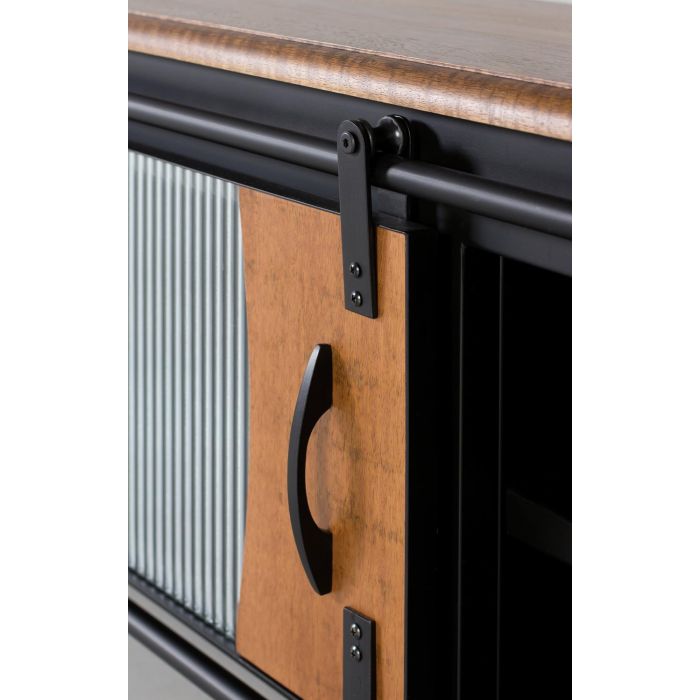 GINER Y COLOMER - Meuble TV industriel en bois de manguier et métal, 1 porte coulissante, couleur naturel et noir, 160x50x40 cm 5