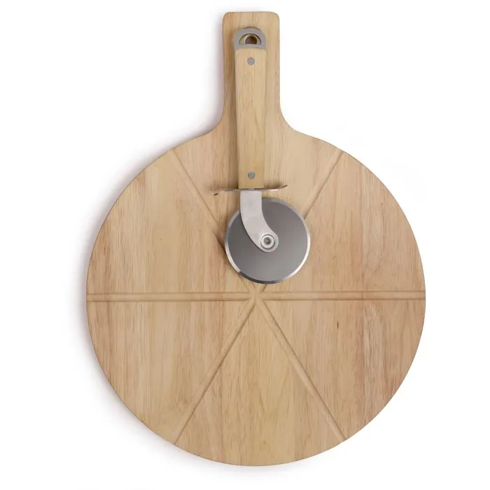 Livoo Set à Pizza MES138 - Planche de Service et Roulette en Bois d'Hévéa 40 x 30 x 1,5 cm pour Préparation et Découpe