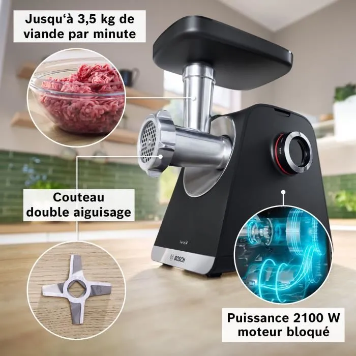 Bosch MFWS640B - Hachoir à viande série 6, 500 W, capacité 3.5 kg/min, 3 grilles, kit kebbés, filière à saucisses, râpeur/éminceur, noir Bosch MFWS640B - Hachoir à viande série 6, 500 W, capacité 3.5 kg/min, 3 grilles, kit kebbés, filière à saucisses, râpeur/éminceur, noir