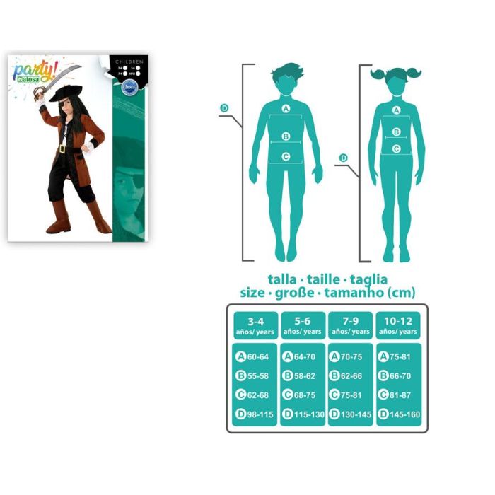 Déguisement Pirate Enfant Marron 7-9 Ans - Ensemble 6 Pièces (Pantalon, Casaque, Ceinture, Cubrebotas, Chapeau) en Polyester