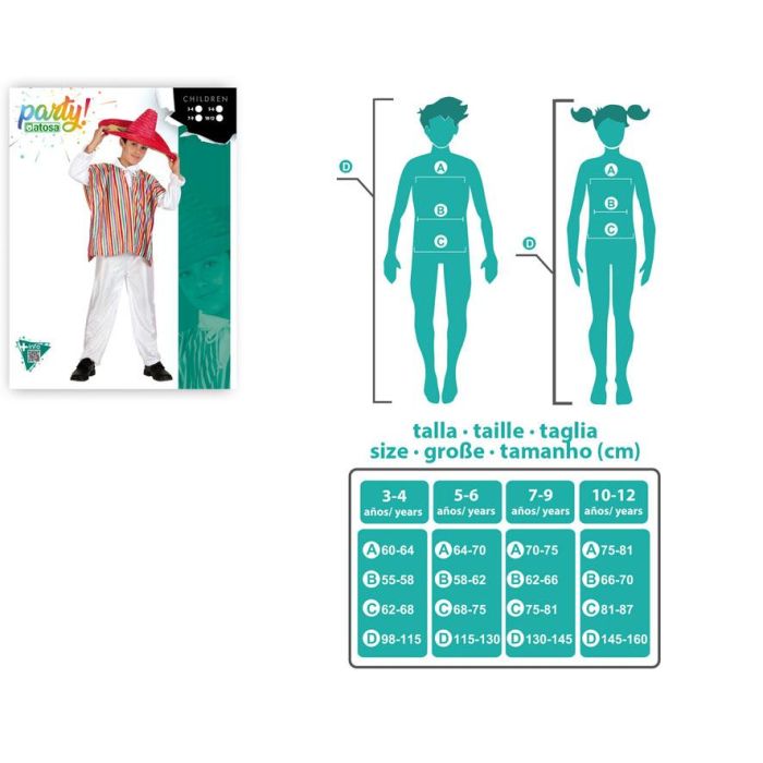 Déguisement Mexicain Enfant Clair, Poncho et Pantalon en Polyester, Taille 10-12 Ans, Multicolor - Déguisement de Carnaval et Fête Thème Pays du Monde