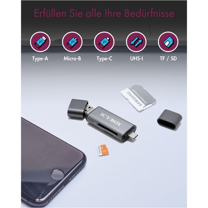 ICY BOX IB-CR200-C Lecteur de cartes SD et MicroSD USB 2.0 - Noir, Aluminium, 480 Mbit/s, Plug & Play